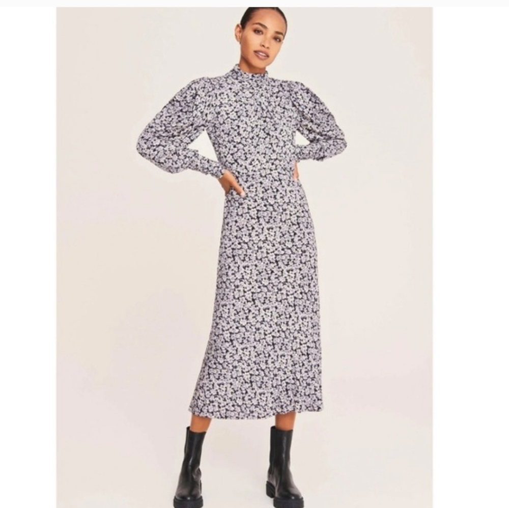 ba&sh Emilie Ruched Floral Crepe Midi Dress In Gray